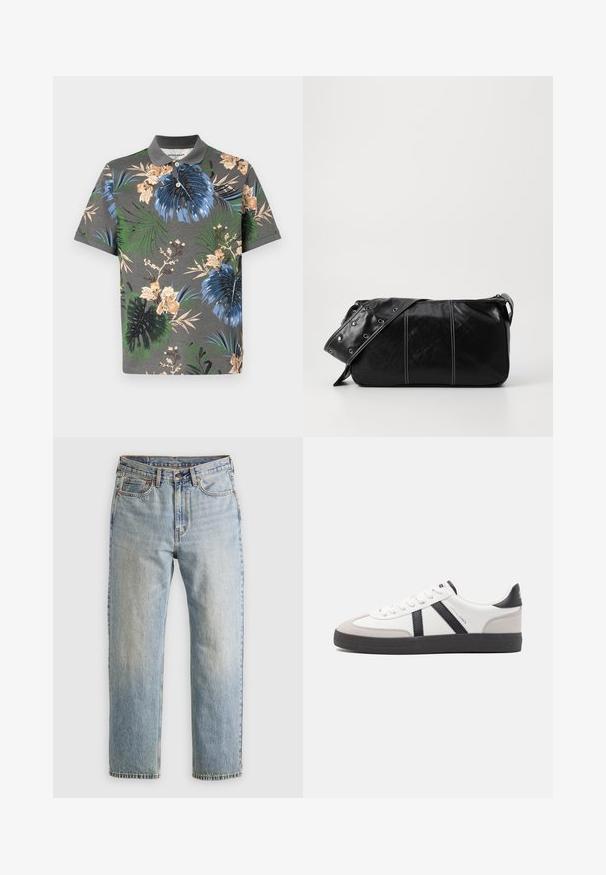 Polo majica kratkih rukava u sivoj boji s vibrantnim cvjetnim i listnim uzorcima u plavoj, zelenoj i bež boji. Ima kontrastni ovratnik i dugmad.; Svijetloplave traperice visoki struk, prednji gumb, zatvarač i dizajn s pet džepova, položene ravno na neutralnoj pozadini.; Bijele tenisice s crnim i sivim detaljima, s teksturiranim sivim zaštitnikom prstiju, crnim gumene potplate i ravnim bijelim vezicama. Čist dizajn, minimalistički stil.; Crna kožna torba preko ramena s zatvaranjem na patentni zatvarač, s teksturiranim tijelom, bijelim šavovima i remenom sa srebrnim okovima.