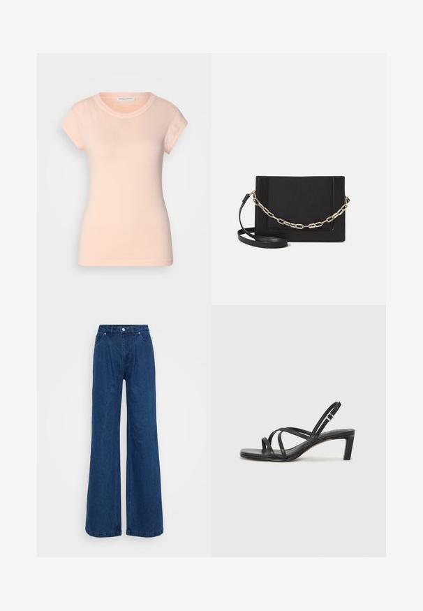 Heled pidžaama roosa puuvillane T-särk lühikeste varrukatega, ümar kaelus ja kergelt vormitud lõige. Sile tekstuur, ilma nähtavate mustriteta või kaunistusteta.; Hallise jalgadega sinised denim püksid kõrge vöökohaga, ees nupuga ja tõmbluku sulguri ning ees ja taga taskutega, lihtsa tausta ees.; Mustast rihmajalatsid ruudukujulise varba ja madala ploki kontsaga. Omab mitmeid õhukesi rihmasid ja reguleeritavat pahkluu rihma. Valmistatud siledast nahast.; Mustast nahast õlakott, mis omab siledat tekstuuri, ristküliku kuju ning esiküljel metallketi detaili. Reguleeritav rihm on kaasas.