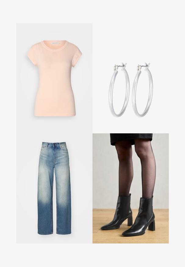 Světle růžové bavlněné tričko s krátkými rukávy, kulatým výstřihem a přiléhavým střihem. Hladká textura, bez viditelných vzorů nebo ozdob.; Světle modré široké džíny s vysokým pasem, vyrobené z denimu, s vybledlým gradientem, pěti kapsami a kovovými akcenty.; Černé kožené kotníkové boty s špičatou špičkou, robustním čtvercovým podpatkem a elegantním designem. Obsahují elastické boční panely pro snadné obouvání.; Stříbrné kruhové náušnice s hladkým, lesklým povrchem. Kulatý tvar a bezpečné zapínání na klip. Lehký design vhodný pro každodenní nošení.