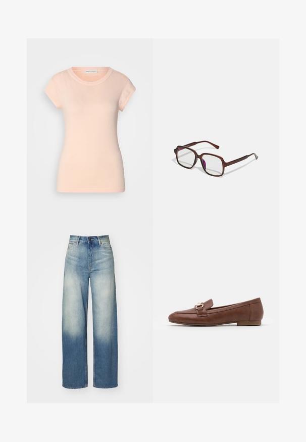 Světle růžové bavlněné tričko s krátkými rukávy, kulatým výstřihem a přiléhavým střihem. Hladká textura, bez viditelných vzorů nebo ozdob.; Světle modré široké džíny s vysokým pasem, vyrobené z denimu, s vybledlým gradientem, pěti kapsami a kovovými akcenty.; Hnědé kožené mokasíny s plochou podrážkou, prošívaným designem a zlatým přezkovým detailem na pásku přes nárt.; Hnědé, obdélníkové brýle s průhlednými skly a fialovými odstíny. Hladký plastový rám s rovnými nohami a jemnými akcenty.