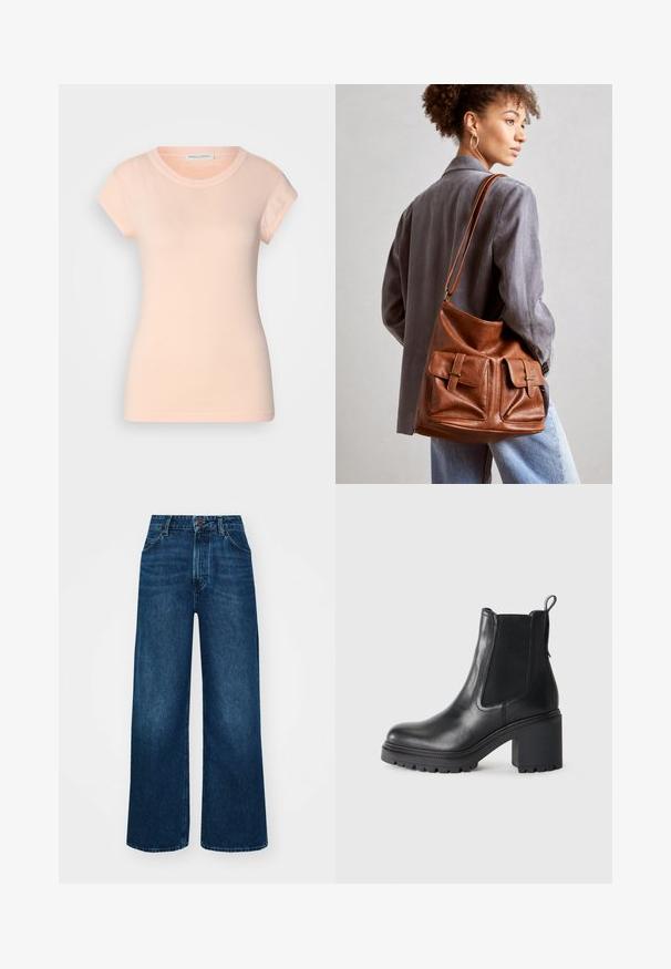 Heled pidžaama roosa puuvillane T-särk lühikeste varrukatega, ümar kaelus ja kergelt vormitud lõige. Sile tekstuur, ilma nähtavate mustriteta või kaunistusteta.; Kõrge vöökohaga laiad teksad tummises sinises denimis, millel on sile tekstuur, kontrastne õmblus ja viie-tasku disain. Esimene nupulukk.; Must musta külgniidi ja tõmbehaaratsi ning tekstuurses tallas lisatoe jaoks. Karm kõrgendatud konts.; Pruun nahast ämbritasku, millel on kaks esipocketit koos pandlitega. Kotil on sile tekstuur ja reguleeritav rihm.