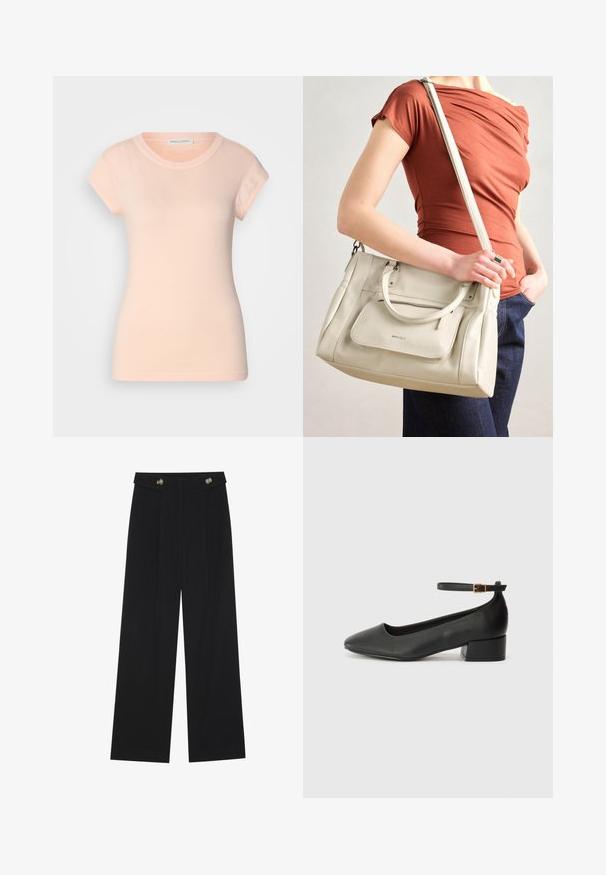 Vaaleanpunainen puuvillapaita, jossa on lyhyet hihat, pyöreä pääntie ja istuva malli. Sujuva rakenne, ei näkyviä kuvioita tai koristeita.; Mustat leveälahkeiset housut, joissa on korkea vyötärö, napit vyötärönauhassa ja etupuolella laskokset.; Mustat nahkakengät, joissa on terävä kärki ja matala lohkare korko. Varustettu nilkkahihnalla, jossa on kultasävyinen solki. Lisää sileä pinta.; Valkoinen nahkainen käsilaukku, jossa on kaksinkertaiset kahvat ja irrotettava hihna. Edessä on vetoketjullinen tasku ja pinta on sileä. Laukkua kantaa henkilö kyynärvarressaan.