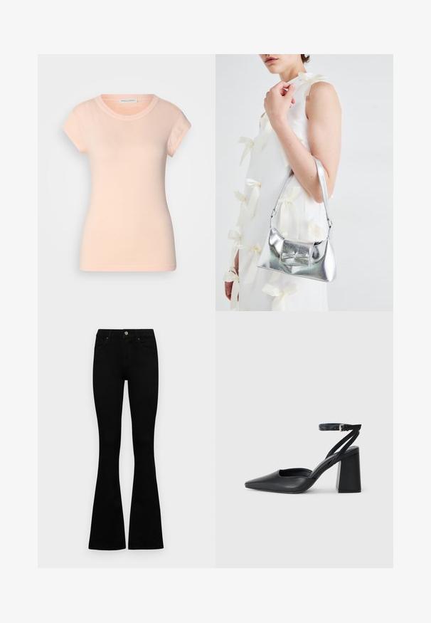 Tricou din bumbac roz deschis, cu mâneci scurte, guler rotund și o formă ajustată. Textură netedă, fără modele sau embellishments vizibile.; Jeans negri cu talie înaltă, cu închidere prin nasture și fermoar, buzunare frontale și picioare evazate, așezați pe un fundal alb.; Pantofii cu toc ascuțit din piele neagră, cu breteaua pentru glezne și toc gros. Textură netedă, design elegant și estetică minimală.; Geantă metalică argintie cu o formă structurată, având un mâner superior și un detaliu sub formă de fundă pe față. Textură netedă, finisaj reflexiv.