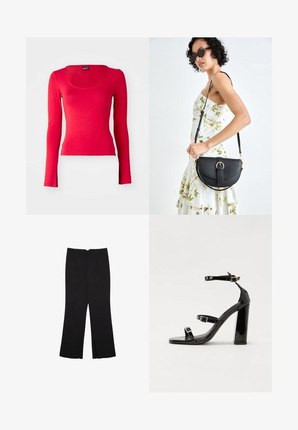 Punainen pitkähihainen paita, jossa on pyöreä pääntie, valmistettu pehmeästä ja venyvästä kankaasta. Ominaisuuksiin kuuluu istuva malli ja sileä rakenne. Ei näkyviä kuvioita tai koristeita.; Mustat housut suoralinjaisella leikkauksella, joissa on etutaskut ja sivurei'ät helman alla. Valmistettu pehmeästä ja sileästä kankaasta. Sopii eri tilaisuuksiin.; Musta kiiltävä korkokenkä sandaalit neliönmuotoisella varpaalla, nilkkaremmillä ja hopeisilla soljilla. Varustettu tukevalla lohkokorkealla vakauden takaamiseksi.; Musta nahkainen käsilaukku, joka on kaareva muotoilultaan, irrotettavalla hihnalla ja kultaisilla yksityiskohdilla. Laukussa on läppä, jossa on solk yksityiskohta.