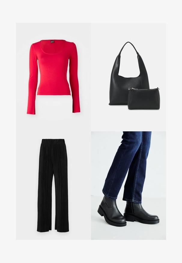 Red long-sleeve top with a scoop neck, made from soft, stretchy fabric. Features a fitted design and smooth texture. No visible patterns or accents.; Black pleated trousers with an elastic waistband. Features wide legs and a smooth, textured fabric with vertical stripes.; Black leather ankle boots with a chunky sole and side elastic panels, paired with dark blue jeans. The ground is light-colored.; Even&Odd Handbag - black