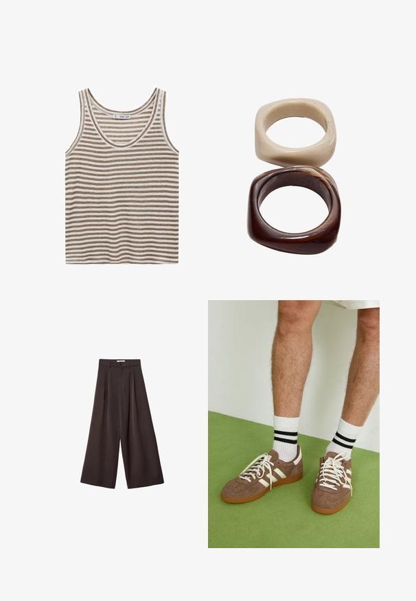 Mango LINI - Top - light brown; Čierne široké nohavice s vysokým pásom, so záhybmi vpredu a zapínaním na gombík v páse, vyrobené z hladkého materiálu.; Hnedé zamatové tenisky s bielymi akcentmi a šnúrkami. Gumová podrážka. Nosené s bielymi ponožkami so čiernymi pruhmi. Zelená textúrovaná podlaha.; Stradivarius SET - Náramok - dark brown