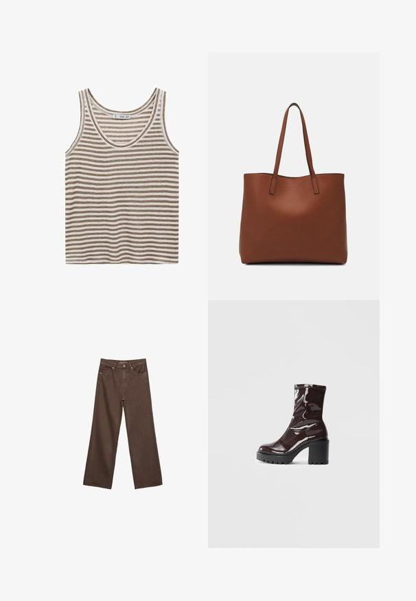 Mango LINI - Top - light brown; Hnědé džíny s širokými nohavicemi vyrobené z denimu, s vysokým pasem, předními kapsami a klasickým zapínáním na knoflík. Hladká textura s jemným švem.; Lesklá bordó kotníková bota s masivním černým podpatkem, se hladkým povrchem a jednoduchým designem. Žádné viditelné zapínání ani vzory.; Hnědá kožená taška přes rameno s hladkou texturou, otevřeným designem a dvěma ramenními popruhy. Obsahuje minimální švy a žádné viditelné kovové prvky.