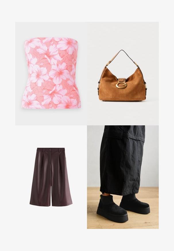 Hollister Co. BARE FOLDOVER REVERSIBILE TUBE - Felső - pink; Barna, bő szárú műbőr rövidnadrág elülső zsebekkel, övhurkokkal és gombzárral.; Fekete platform bokacsizmák puha velúrból, sima felülettel és vastag talppal. Bordázott textúrával és neon kiegészítéssel a saroknál.; Barna velúr kézitáska lekerekített formával, aranyszínű fémkapoccsal és kontrasztos fekete díszítéssel. Egyetlen vállpánttal rendelkezik a hordozáshoz.