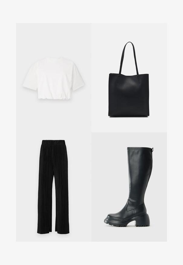 Balta noņemtā T-kreklu ar īsām pūkām, apaļu kakla izgriezumu un savāktu apakšmalu, izgatavota no mīksta kokvilnas auduma.; Melni plīšu bikses ar elastīgu jostu. Tām ir platākas kājas un gluda, teksturēta auduma ar vertikālām svītrām.; Augstas melnas ādas zābakus ar masīvu platformu un bloka papēdi, ar vilkšanas cilpu un strukturētu profilu uz ārējā zoles.; Melnas ādas somiņa ar gludu tekstūru, taisnstūra formu un divām garām rokturiem. Nav redzamu aparatūras vai rotājumu.