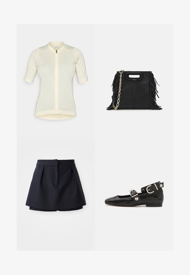 Světlé žluté cyklistické dres s krátkým rukávem, úzký střih, plný zip, jemně texturovaná látka a kulatý límec. Název značky vpředu.; Námořnické skládací šortky s vysokým pasem, vyrobené z hladkého materiálu. Disponují těsným střihem a skrytým předním kapsou.; Černé lakované baleríny se čtveratou špičkou, nártní přezkou s stříbrným kováním a plochou podrážkou. Hladká textura s minimalistickým designem.; Černá kožená kabelka s třásněmi, zlatým řetízkovým ramenním popruhem a rukojetí s výřezem. Na přední straně se nachází logo.