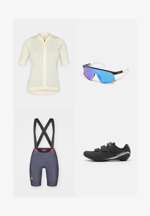 Maillot de cyclisme jaune clair à manches courtes, coupe ajustée, fermeture éclair intégrale, tissu texturé subtil et col rond. Nom de la marque à l'avant.; Shorts de cyclisme pour hommes en tissu bleu marine avec des accents rouges, dotés d'un coussinet chamois sans couture et d'un design de bretelles croisées.; Giro STYLUS - Chaussures de cyclisme - black; Lunettes de sport avec une monture noire, des accents blancs et des verres miroitants dégradés bleus. Branches texturées avec un motif blanc et noir.