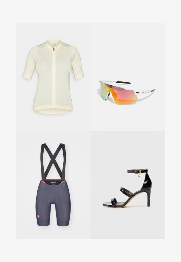 Tricou de ciclism galben deschis cu mâneci scurte, croială slim, fermoar pe toată lungimea, material texturat discret și guler rotund. Numele brandului este pe față.; Pantaloni scurți de ciclism pentru bărbați, dintr-un material albastru închis cu accente roșii, având un pad de chamois fără cusături și un design cu bretele încrucișate.; Sandale negre din piele lacuită, cu trei curele, cataramă la glezna și toc stiletto de 10 cm. Prezintă detalii din metal auriu și un charm cu logo.; Sweet Protection SHINOBI UNISEX - Ochelari de soare - rig topaz/satin white