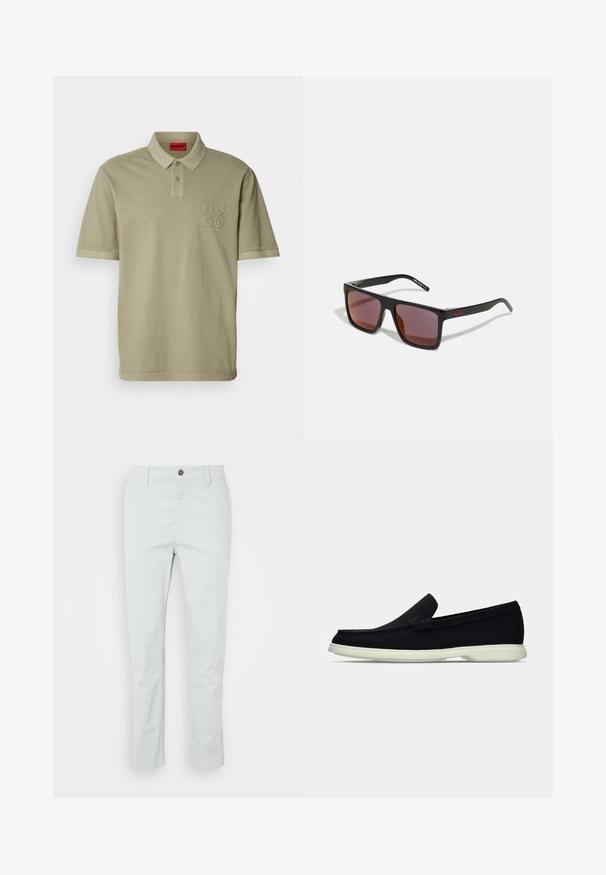 Camisa polo caqui con cuello, mangas cortas y logo bordado "HUGO" en el lado izquierdo del pecho. Material de algodón suave, diseño minimalista.; Pantalones de algodón verde claro con corte recto, que cuentan con un cierre de botón frontal y bolsillos laterales. Textura suave, sin patrones visibles.; Zapato negro sin cordones con puntera redondeada, que presenta una parte superior texturizada, suela blanca lisa y un discreto detalle de marca en el lateral.; Gafas de sol rectangulares negras con lentes de color rojo oscuro, con un acabado mate y un logo rojo en la patilla. Montura de plástico resistente.