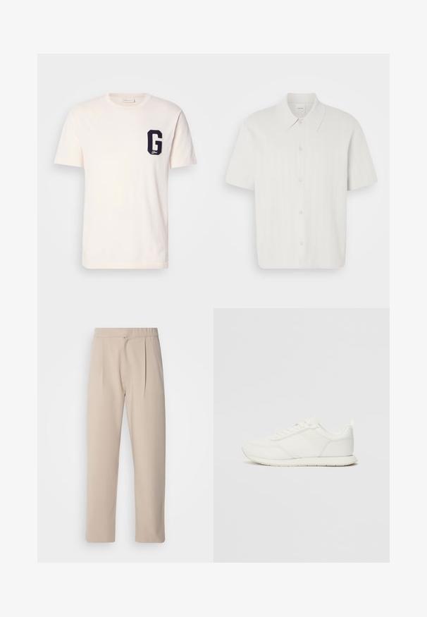 Bijela kratkotrajna majica s okruglim izrezom i kratkim rukavima s mornarskoplavom aplikacijom slova "G" na lijevoj strani prsnog koša.; Košulja kratkih rukava od bijele tkanine s rebrastom teksturom, sa klasičnom ovratnikom i dugmadi na prednjem dijelu.; Bežene, plisirane hlače od mekog materijala. Imaju elastičnu pojasnicu, ravne nogavice i glatku teksturu. Bez džepova ili akcenta.; Bijela tenisica s gornjim dijelom od mrežice i sintetičkog materijala, okrugli vrh, ravne vezice i teksturirani bočni trak. Gumeni potplat s petnim trakicom.