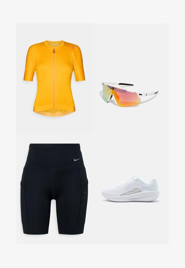 Rövid ujjas kerékpáros mez élénk sárga színben, könnyű anyagból készült, elöl cipzárral. Kerek nyakkivágással és stílusos részletekkel rendelkezik.; Fekete, magas derekú sportnadrág, rugalmas anyagból készült; oldalán zsebekkel és egy kis Nike logóval a derékrészen.; Fehér sportcipő hálós felsőrésze, kerek orra és textúrált talpa van. Ezüst Nike logóval és minimalista dizájnnal rendelkezik.; Sweet Protection SHINOBI UNISEX - Napszemüvegek - rig topaz/satin white