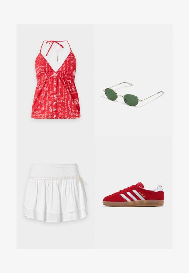 Rotes ärmelloses Oberteil mit tiefem V-Ausschnitt, Paisleymuster und Knopfverschluss vorne. Verfügt über verstellbare Träger und eine geraffte Taillendetails.; Weißer Stufenrock mit elastischem Bund, der mit einem strukturierten Rüschenmuster und einem dekorativen Bandakzent versehen ist. Baumwollstoff.; Rote Wildleder-Sneaker mit weißem Dreistreifen-Design und goldenem "Gazelle"-Schriftzug. Besitzt eine Gummisohle und eine strukturierte Ferse.; Sonnenbrille mit goldenem Rahmen, grünen ovalen Gläsern und dünnen Metallarmen. Verfügt über klare Kunststoffspitzen an den Armen für zusätzlichen Komfort.; Geflochtene Strohtasche mit braunen Lederakzenten, zwei Griffen und einem abnehmbaren Gurt. Kurvenform mit einem stabilen Boden.