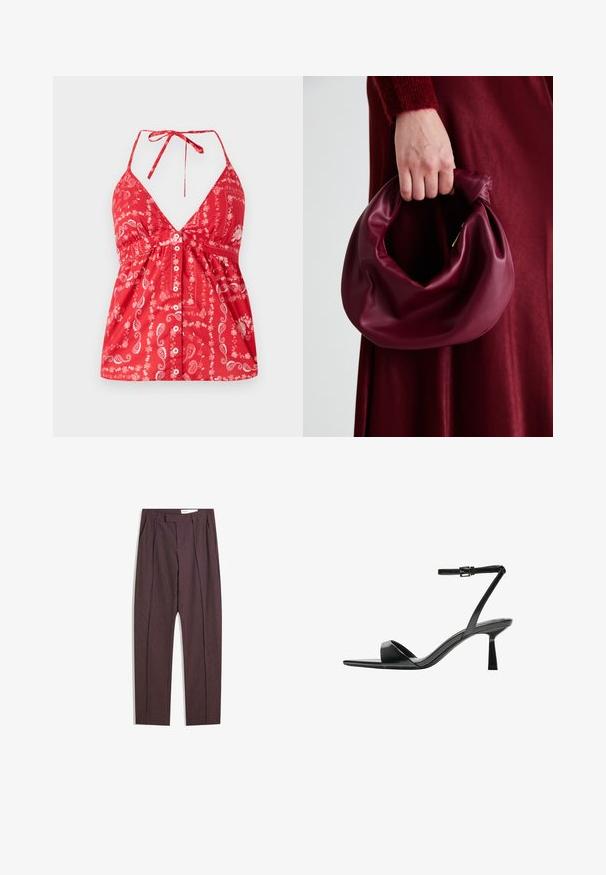 Rode mouwloze top met een diepe V-hals, paisleypatroon en een sluiting met knopen aan de voorkant. Heeft verstelbare schouderbandjes en een gegatherde taille.; Paarse gestreepte broek met plooien, met een hoge taille en rechtlopende pasvorm. Gemaakt van een gladde, textuurstof.; Bershka Sandalen met hoge hak - black; Bordeaux leren handtas met een zacht, gegathered ontwerp en een ronde vorm. De handgreep is stevig bevestigd en toont een gladde textuur.