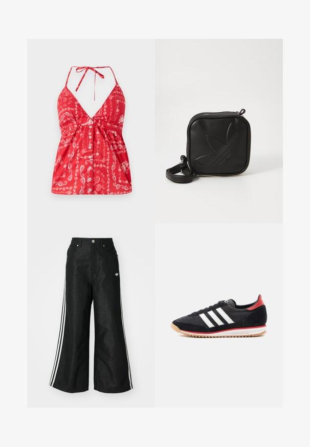 Rode mouwloze top met een diepe V-hals, paisleypatroon en een sluiting met knopen aan de voorkant. Heeft verstelbare schouderbandjes en een gegatherde taille.; Zwarte denim broek met wijde pijpen, voorzien van drie witte strepen aan elke zijkant en een klein wit logo. Heeft voorzakken en een knoopsluiting.; Zwarte sportschoen met witte strepen, suède accenten en een rood hielstuk. Mesh textuur en rubberen zool met een lichtbruine profiel.; Zwarte vierkante crossbody tas van gestructureerd synthetisch materiaal. Met een reliëflogo ontwerp en een verstelbare schouderband. Ritssluiting.