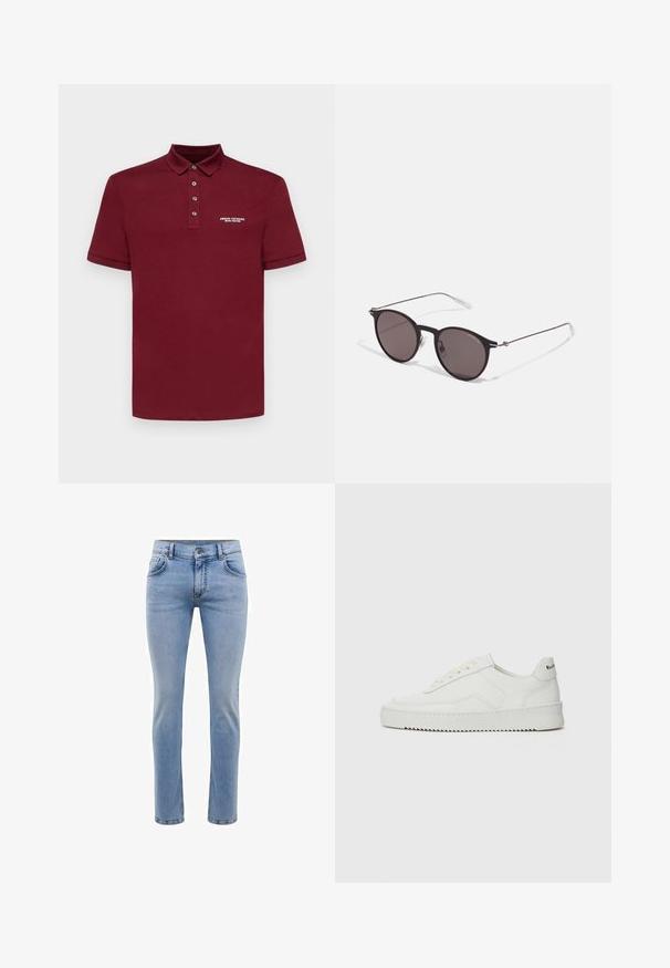 Armani Exchange Polotričko - cabernet; Svetle modré džíny z denimu s úzkým střihem, pět kapsami a rovnými nohavicemi. Obsahují zip a poutka na opasek. Měkká textura.; Bílé kožené tenisky s hladkým povrchem, kulatou špičkou, plochými tkaničkami a texturovanou podrážkou. Na patě se nachází nenápadné logo.; Černé kulaté sluneční brýle s tmavými skly a tenkými kovovými nohami. Obsahují průhledné koncovky nožiček a stříbrné akcenty na pantu. Minimalistický design.