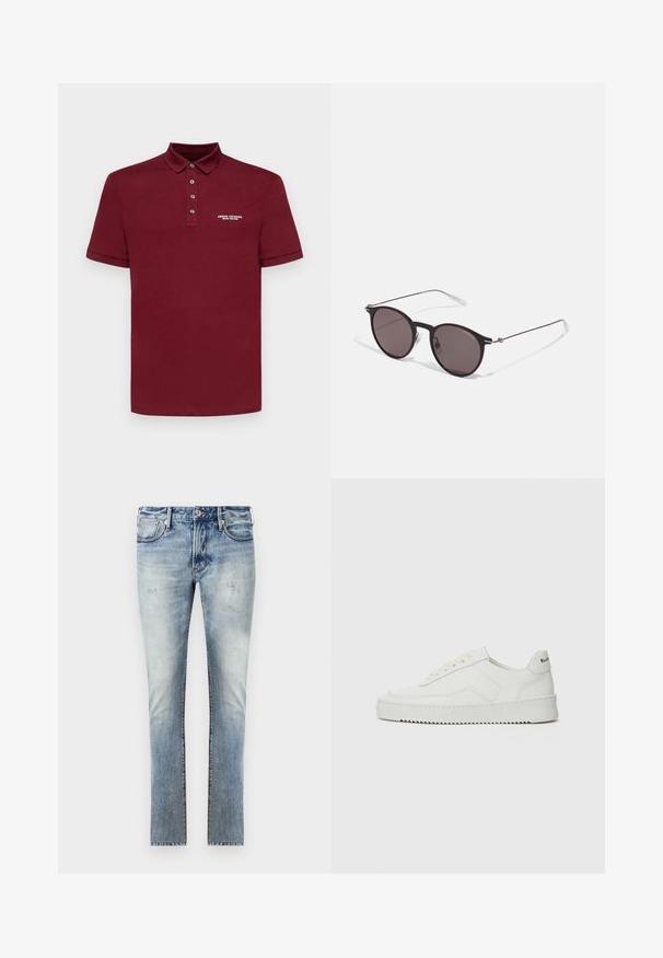 Armani Exchange Polo marškinėliai - cabernet; Šviesiai mėlyni džinsai su nuvalytu paviršiumi, aptemptas fasonas, penki kišenės ir kontrastingos siūlės.; Balti odiniai sportiniai bateliai su lygia apdaila, apvaliu pirštu, plokščiais raišteliais ir tekstūruotu padu. Pasižymi subtiliu logotipu ant kulno.; Juodos apvalios saulės akinių su tamsiais lęšiais ir plonomis metalinėmis šakomis. Įtraukti skaidrūs šventyklų galai ir sidabriniai akcentai vyrio srityje. Minimalistinis dizainas.