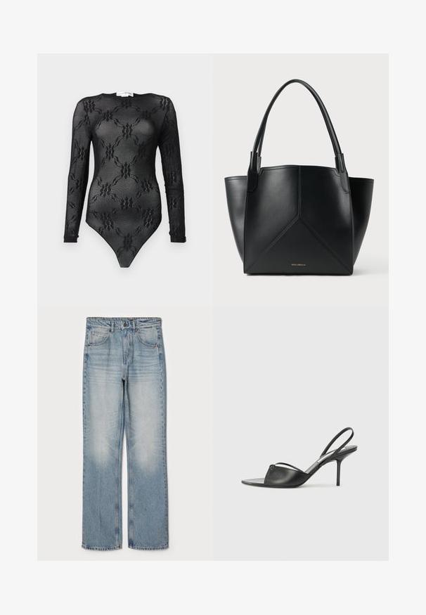 Crni bodi s dugim rukavima izrađen od prozirnog materijala s cvjetnim čipkastim uzorkom, okruglim izrezom i tangama na dnu.; Svijetloplave traperice ravnog kroja s visokim strukom, pet džepova i suptilnim istrošenjem na bedrima i koljenima.; Crne kožne sandale sa otvorenom petom, s izduženim nosom, tankim remenom oko gležnja i stiletto potpeticom. Imaju čvorasti detalj na prednjem delu.; Crna kožna torba s geometrijskim dizajnom, koja ima dva ručka i zlatni brend na prednjem dijelu. Glatka tekstura i strukturirani oblik.