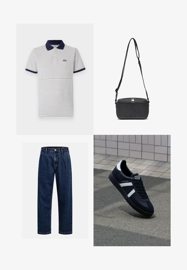 Bílá polo tričko s námořnickými pruhy, s námořnickým límcem a námořnickými manžetami, dvěma knoflíky u krku a malým námořnickým logem na hrudi.; Tmavě modré džíny s rovnými nohavicemi. Mají viditelné švy, zapínání na knoflík a přední záhyby pro zvýraznění detailu.; Černé kožené tenisky s bílými pruhy, texturovanou gumovou podrážkou a šněrováním vpředu. Obsahují značenou etiketu na jazyku.; Černá kožená taška přes rameno s uzávěrem na zip, vyraženým logem na přední straně a nastavitelným popruhem. Hladký povrch s obdélníkovým tvarem.