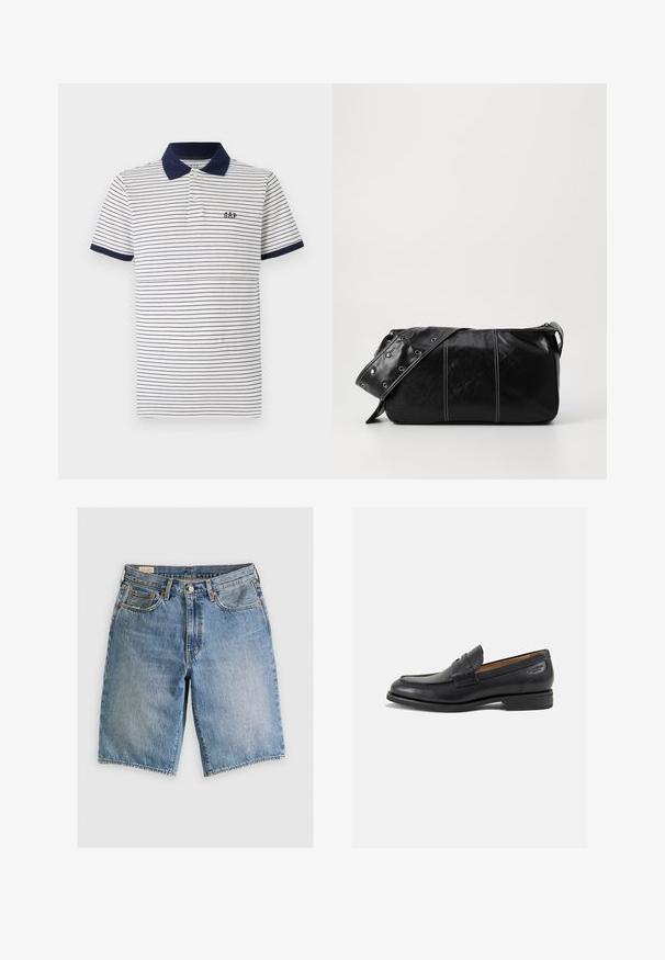 Biała koszulka polo w granatowe paski, z granatowym kołnierzykiem i granatowymi mankietami, z dwoma guzikami przy szyi oraz małym granatowym logo na piersi.; Jasnoniebieskie szorty dżinsowe o klasycznym kroju. Posiadają pięć kieszeni, akcenty pomarańczowego przeszycia oraz surowe wykończenia brzegów.; Czarne skórzane mokasyny o gładkim wykończeniu, zaokrąglonym nosku i dekoracyjnym przeszyciu na cholewce. Niski, warstwowy obcas i delikatny połysk.; Czarna skórzana torba na ramię z zamkiem błyskawicznym, charakteryzująca się teksturowanym korpusem, białymi przeszyciami oraz paskiem z srebrnymi osłonkami.