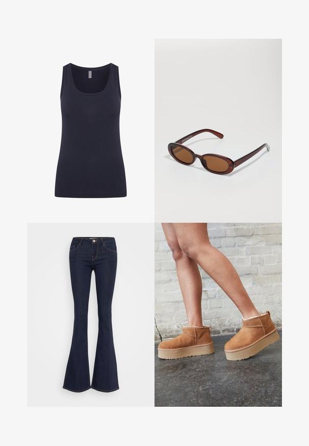 Granatowy top na ramiączkach z okrągłym dekoltem i szerokimi ramiączkami, wykonany z gładkiego, elastycznego materiału. Prosty design bez wzorów i akcentów.; Ciemnogranatowe dżinsy w fasonie dzwonów z dopasowaną talią, z przednim zapięciem na guzik, pięcioma kieszeniami oraz przeszyciami wzdłuż nóg.; Brązowe zamszowe botki sięgające kostki z puszystą wyściółką, grubą beżową platformą oraz tylną pętelką. Teksturowana powierzchnia z widocznymi detalami zszycia.; Okrągłe, brązowe okulary przeciwsłoneczne z błyszczącą bordową oprawą. Cienkie ramiona z subtelnym detalem marki. Płaski kształt soczewek.