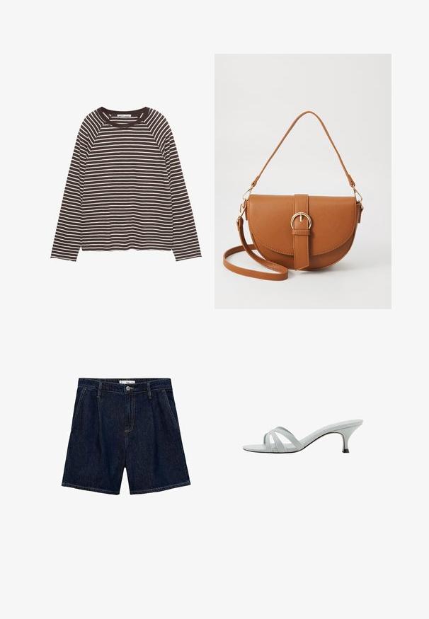Langarmshirt met zwarte en witte horizontale strepen en een ronde hals, plat neergelegd op een witte achtergrond.; Donkerblauwe denim shorts met een hoge taille, voorzien van twee zijzakken en een sluiting met een knop aan de voorkant. Gladde textuur en casual ontwerp.; Lichtgrijze hakken met drie kruislings geplaatste banden, een slank profiel en een taps toelopende hak. Gladde textuur met een lichtglanzende afwerking.; Bruine leren schoudertas met een gebogen vorm, gouden hardware en een gespaccent. Bevat een afneembare schouderriem.