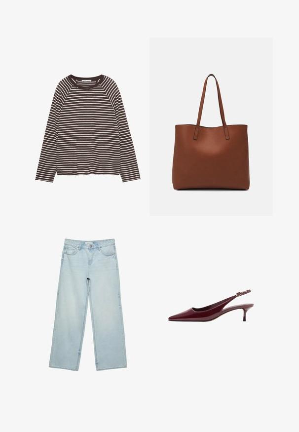 Langarmshirt met zwarte en witte horizontale strepen en een ronde hals, plat neergelegd op een witte achtergrond.; Lichtblauwe wijde spijkerbroek van denim, met een hoge taille, vijf zakken en subtiele vervaging. Rechte snit met omgezoomde randen.; Bordeaux gepatineerd leren slingback hak met een spitse neus en een dunne, elegante hak, met een goudkleurige gespdetail op de band.; Bruine leren tote bag met een gladde textuur, een ontwerp met een open bovenkant en twee schouderbanden. Kenmerkt zich door minimale stiksels en geen zichtbare hardware.