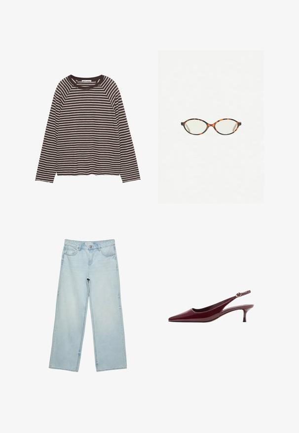 Langærmet skjorte med sort-hvide vandrette striber og rund halsudskæring, lagt fladt på en hvid baggrund.; Lysblå vide jeans i denim med høj talje, fem lommer og subtilt slid. Lige skæring med opklippede kanter.; Burgunderrød patenteret læder slingback-hæl med spids tå og en tynd, elegant hæl, der har en guldfarvet spænde detaljer på remmen.; Skildpaddebriller med ovale linser og en elegant, glat finish. Har tynde sider med en subtil kurve ved tindingerne. Klare linser.