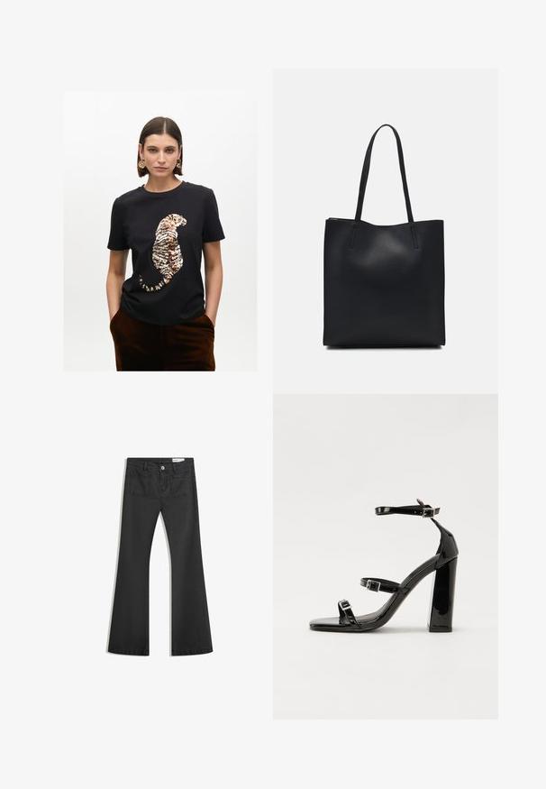 Černé tričko s krátkým rukávem, zdobené flitry se vzorem tygra v odstínech zlata a bronzu, s uvolněným střihem a kulatým výstřihem.; Černé rozšířené džíny vyrobené z jemného džínsového materiálu, se dvěma zadními kapsami a zapínáním na knoflík v pase.; Černé lakované sandály na vysokém podpatku se dvěma pásky se sponami, čtvercovou špičkou a robustním blokovým podpatkem, s hladkou, lesklou texturou.; Černá kožená taška přes rameno s hladkým povrchem, obdélníkovým tvarem a dvěma dlouhými uchy. Žádné viditelné kování ani ozdoby.