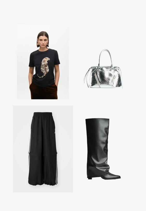 Černé tričko s krátkým rukávem, zdobené flitry se vzorem tygra v odstínech zlata a bronzu, s uvolněným střihem a kulatým výstřihem.; Černé sportovní kalhoty s elastickým pasem, bočními pruhy a volným střihem s nařaseným lemem pro vzdušný vzhled.; Černé kožené vysoké boty na kolena s hladkým povrchem, uvolněným designem, špičatou špičkou a nízkým čtvercovým podpatkem. Minimalistický styl bez viditelné kovové aplice.; Metalická stříbrná kabelka se strukturovaným tvarem, dvěma horními uchy a zipovými kapsami na přední straně. Hladký, lesklý povrch.