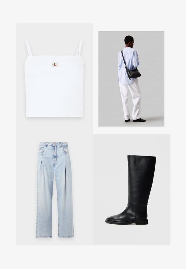 Fehér bordázott crop top vékony pántokkal, elöl egy kis négyzet alakú logóval, piros "CK" felirattal. Sima textúrájú.; Világoskék farmernadrág magas derekú, bő szabású, két oldalsó zsebbel és pliszírozott dizájnnal. Puha tapintású, elhalványított felület.; Fekete bőrből készült, térd fölé érő csizma, lekerekített orral, sima felülettel, minimalista dizájnnal és lapos talppal. Egyszerű varrási részletek a szárán.; Fekete bőr válltáska puha tapintással, háromszög alakú, állítható pánttal, világoskék csíkos inggel és fehér nadrággal párosítva.