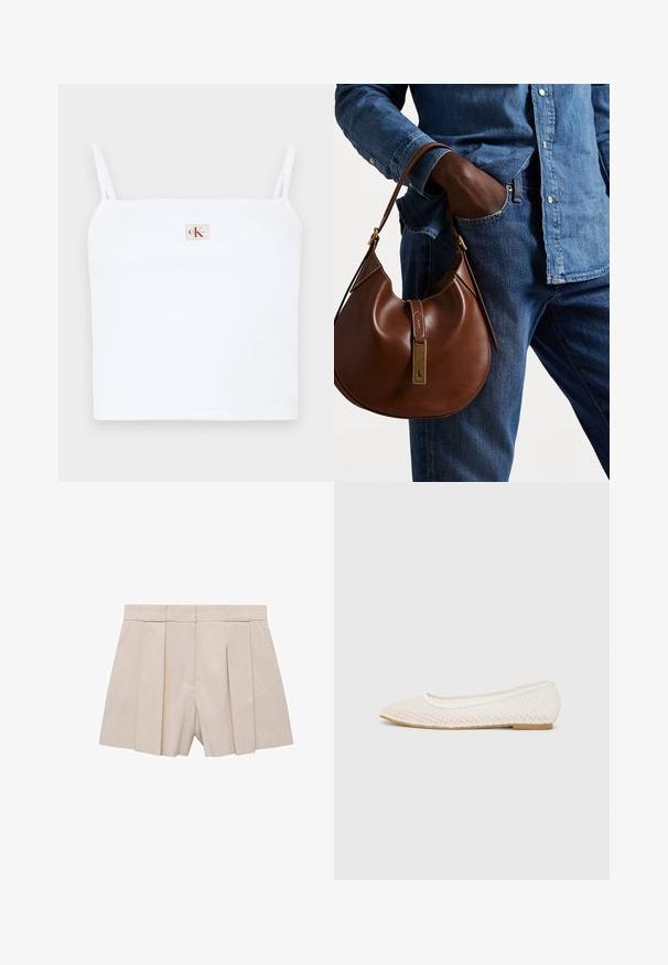 Top corto bianco a coste con sottili spalline, caratterizzato da un piccolo logo quadrato con "CK" rosso sul davanti. Texture liscia.; Pantaloni beige plissettati con design sartoriale, caratterizzati da un alto vita e una texture morbida. Quattro plissettature frontali creano volume. Senza tasche.; Scarpa piatta bianca con design in rete, punta affilata e suola bassa e piatta. Parte superiore testurizzata con fodera liscia e delicate rifiniture a contrasto.; Borsa hobo in pelle marrone con una forma arrotondata, dotata di dettagli in hardware dorato e cuciture a contrasto. Abbinata a una camicia di jeans e a un paio di jeans.