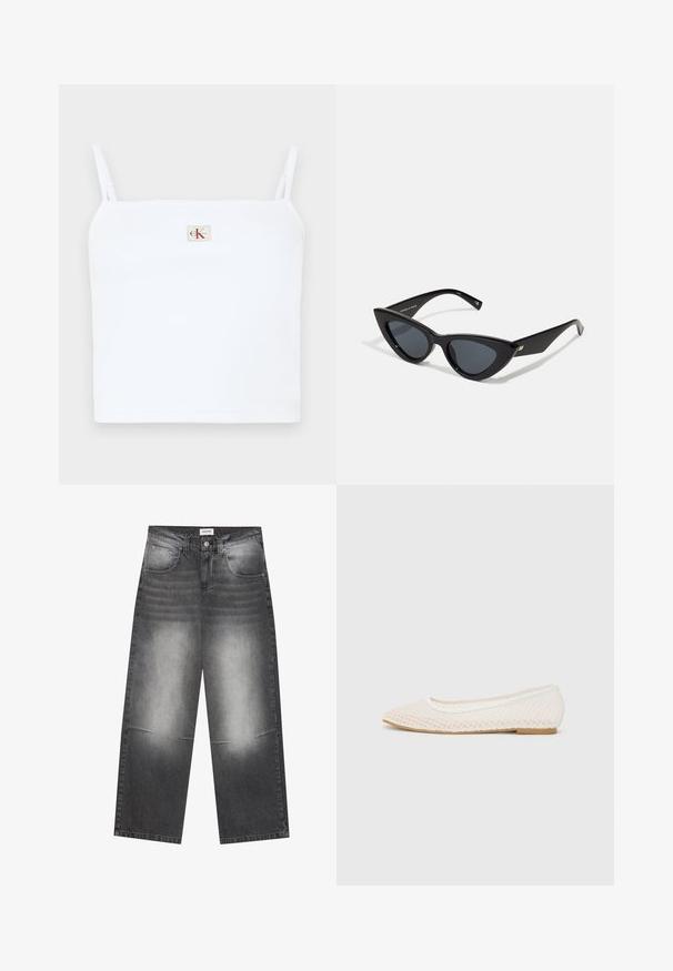 Valge ribatud lühike topp õhukeste õlavarre rihmadega, mille esiküljel on väike ruudukujuline sümbol punaste "CK" tähtedega. Sile tekstuur.; Laiad mustad teksad halli kulumisega, millel on ees taskud, nööbiga sulgemine ja kerge kulumine põlvedel.; Valge lamedate jalanõude paar, millel on silmadega disain, terava nina ja madal lamedal tald. Tekstuuriga ülemine osa, sujuva voodriga ja õrn kontrastne äär.; Kassikujulised prillid, millel on läikiv must plastikraam, tumedad läätsed ja kuldsed aktsendid tempel. Nurgeline disain ja voolujooned.