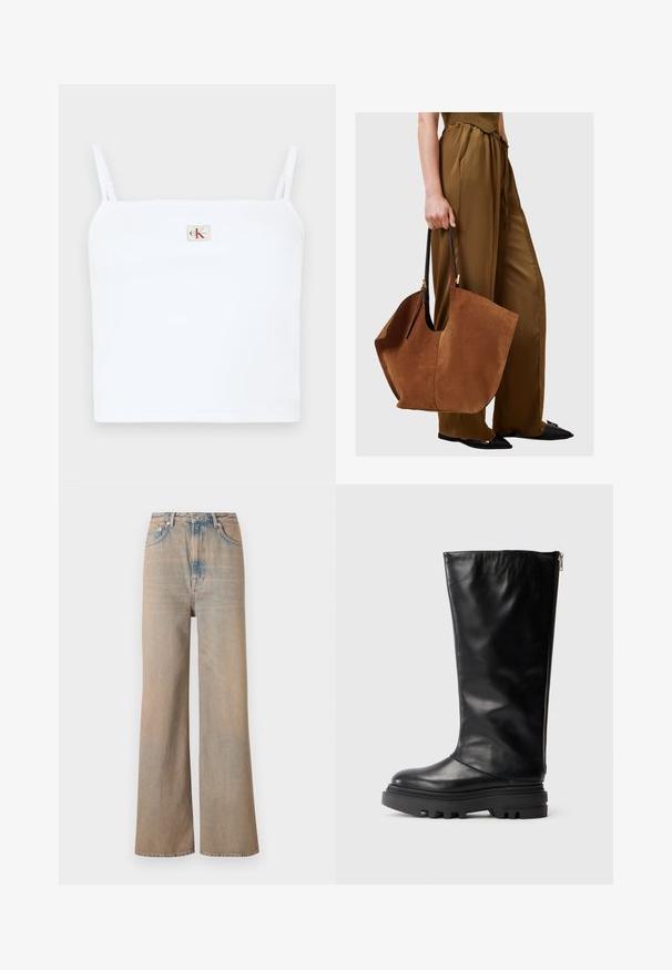 Bela rebrasta kratka majica s tankimi naramnicami, ki na sprednji strani vsebuje majhen kvadraten logotip z "CK" v rdeči barvi. Gladka tekstura.; Svijetloplave široke traperice s visokim strukom, izrađene od denima. Imaju suptilnu šavnu obradu i pet džepova, s blago izblijeđenom teksturom.; Črne usnjene škornje do kolen z zaobljenim nosom, masivnim gumijastim podplatom in stransko zadrgo za zapiranje. Gladka tekstura z minimalnimi podrobnostmi.; Rjava semiš torba za čez ramo z črnimi usnjenimi ročaji, široke, ohlapne oblike in minimalističnega dizajna, ki jo drži oseba v rjavih hlačah.