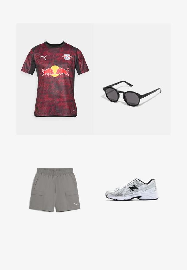 Kerge kangast punane ja must lühikeste varrukatega jersei. Omab geomeetrilist mustrit, logo ja kollast härja graafikat ees.; Hallide hall shorts heled kerged kangast, millel on elastne vöökoht, kaks külgtaskut ja väike logo vasakul all.; Hõbedane sportlik king, millel on võrgumaterjal, mustad aktsendid, perforatsioonid ja pehme valge tald. Omab silmapaistvat 'N' logo.; Mustad mustad prillid ümmarguse, veidi lainelise raami, tumedate läätsede ja sirgete mustade kätega. Sile, läikiv viimistlus ilma nähtavate mustriteta.