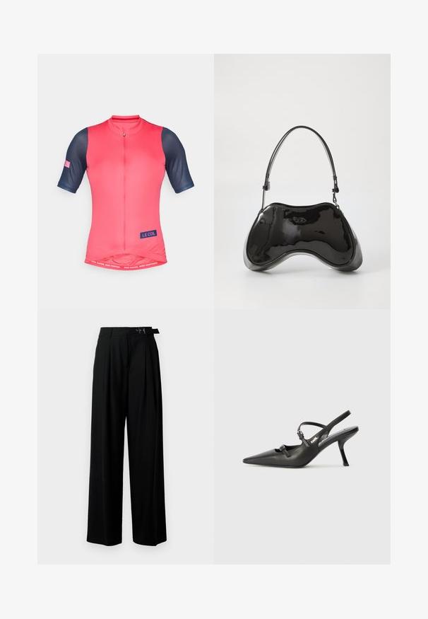 Trumpas rankovėmis dviratininkų džersis šviesiai rožinės spalvos su tamsiai mėlynomis tinklinėmis rankovėmis. Yra priekinis užtrauktukas ir 'LE COL' ženklas krūtinėje bei sijone.; Juodos plačios kojų kelnės su aukštu liemeniu, priekinėmis klostėmis ir diržu su sagtimi. Pagamintos iš lygaus, lengvo audinio.; Juodi odiniai slingback kulniukai su smailiu pirštu, siauru kulnu ir dekoratyvine sagtimi viršuje. Lygus paviršius ir elegantiškas dizainas.; Juodas lakuotas odos rankinės maišelis su unikalia kreiva forma, trumpu reguliuojamu rankenėle ir užtrauktuku viršuje. Lygus tekstūra su subtiliu ženklinimu.
