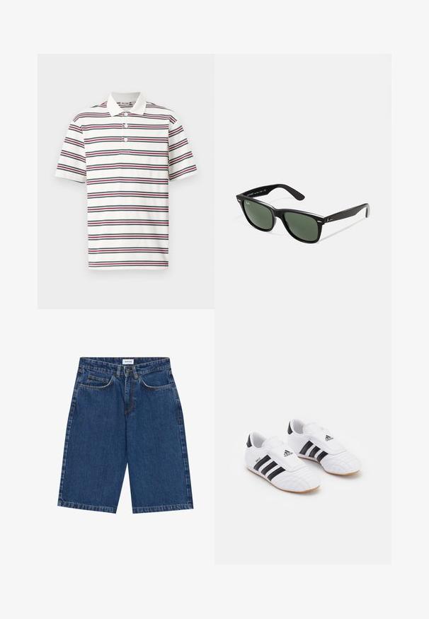 Kortermet polo skjorte i hvit med horisontale striper i marineblå, rød og grønn. Har klassisk krage og placket med tre knapper.; Mørkeblå denimshorts med fem lommer, rett kutt og synlige sømmer. Glatt tekstur og middels høy midje.; Hvite treningssko med svarte striper, med en semsket overflate, rund tå og borrelåsrem. Gummisåle for godt grep.; Sorte plast-solbriller med grønne linser, firkantede rammer, sølvdetalje på brynene, og teksturerte stangarmen. Angitt merke på indre arm.