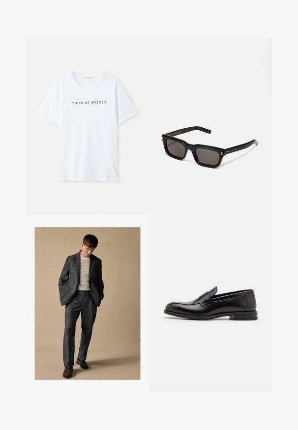 Biela tričko s okrúhlym výstrihom a krátkymi rukávmi. Čierny text "TIGER OF SWEDEN" je umiestnený v strede na prednej strane. Hladká textúra látky.; Šedý prispôsobený oblek s klopovými reverzami a prednými vreckami, spárovaný s pruhovanou košeľou. Nohavice majú voľný strih a detail záhybu. Hnedé topánky.; Čierne kožené mokasíny s hladkou textúrou, zaoblenou špičkou a dekoračným pásikom cez priehlavok. Nízky vrstvený opätok, minimalistický dizajn.; Čierne obdĺžnikové slnečné okuliare s tmavými sklami, hrubým plastovým rámom, zlatými detailami na spánkoch a vygravírovaným logom značky na ramene.