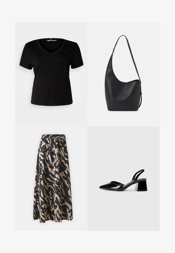 Schwarzes Kurzarm-T-Shirt mit V-Ausschnitt, aus einem glatten Stoff gefertigt. Verfügt über ein kleines gesticktes Logo auf der Brust.; Schwarzer und beiger langer Rock mit elastischem Bund, der ein abstraktes Tiermuster und eine fließende Silhouette aufweist.; Schwarze Lackleder-Slingback-High Heels mit spitzem Schuh und einem geometrischen Blockabsatz. Verfügt über ein schlankes, minimalistisches Design und eine glatte Textur.; Schwarze Leder-Hobo-Tasche mit einer glatten Textur, geschwungener Form und einem einzelnen verstellbaren Tragegurt; verfügt über eine weite Öffnung am oberen Ende.