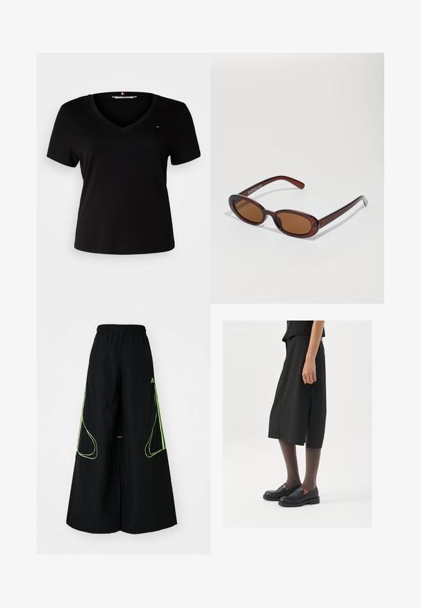 Schwarzes Kurzarm-T-Shirt mit V-Ausschnitt, aus einem glatten Stoff gefertigt. Verfügt über ein kleines gesticktes Logo auf der Brust.; adidas Originals TEAMGEIST - Jogginghose - black/signal green; Schwarzer knielanger Rock mit seitlichem Schlitz, kombiniert mit schwarzen Loafers und transparenten braunen Strumpfhosen, aus glattem Stoff und mit einem schlichten Design.; Runde, braun getönte Sonnenbrillen mit einem glänzenden burgunderfarbenen Rahmen. Schlanke Bügel mit dezentem Branding. Flaches Linsendesign.; Silberne Creolen mit einer glatten, polierten Oberfläche und einer dünnen, runden Form. Das Design verfügt über einen sicheren Verschluss.