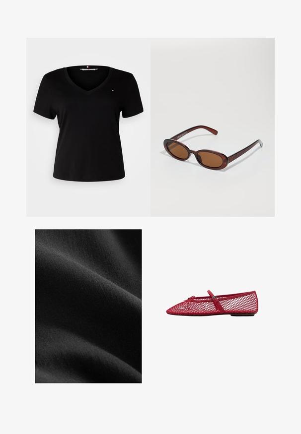 Schwarzes Kurzarm-T-Shirt mit V-Ausschnitt, aus einem glatten Stoff gefertigt. Verfügt über ein kleines gesticktes Logo auf der Brust.; Schwarzer Stoff mit einer glatten, matten Textur, der subtile Farb- und Faservariationen zeigt und drapiert ist, um weiche Kurven und Tiefe zu enthüllen.; Rote Netz-Ballerinas mit spitzem Zehenbereich, ausgestattet mit einem dünnen Riemen und Schnallen-Detail. Das Obermaterial hat ein offenes Wabenmuster.; Runde, braun getönte Sonnenbrillen mit einem glänzenden burgunderfarbenen Rahmen. Schlanke Bügel mit dezentem Branding. Flaches Linsendesign.; Burgunderfarbene Schultertasche aus glänzendem Material, mit geschwungener Form und geraffter Struktur. Sie verfügt über einen kurzen Griff und einen sichtbaren Reißverschluss.