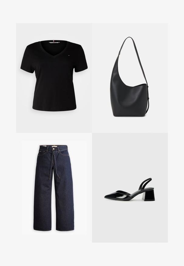 T-shirt nera a maniche corte con scollatura a V, realizzata in un tessuto liscio. Presenta un piccolo logo ricamato sul petto.; Jeans in denim scuro a gamba larga con vita alta, dotati di un laccio, cinque tasche e dettagli di cucitura a contrasto.; Décolleté in vernice nera con punta affusolata e tacco in geometria cubica. Presentano un design elegante e minimalista, con una texture liscia.; Borsa hobo nera in pelle con una superficie liscia, forma curvata e una singola tracolla regolabile; presenta un'ampia apertura nella parte superiore.; Anello in tono oro con un design organico e Twisted, caratterizzato da una superficie liscia e punte affusolate, che crea un aspetto moderno e scultoreo.