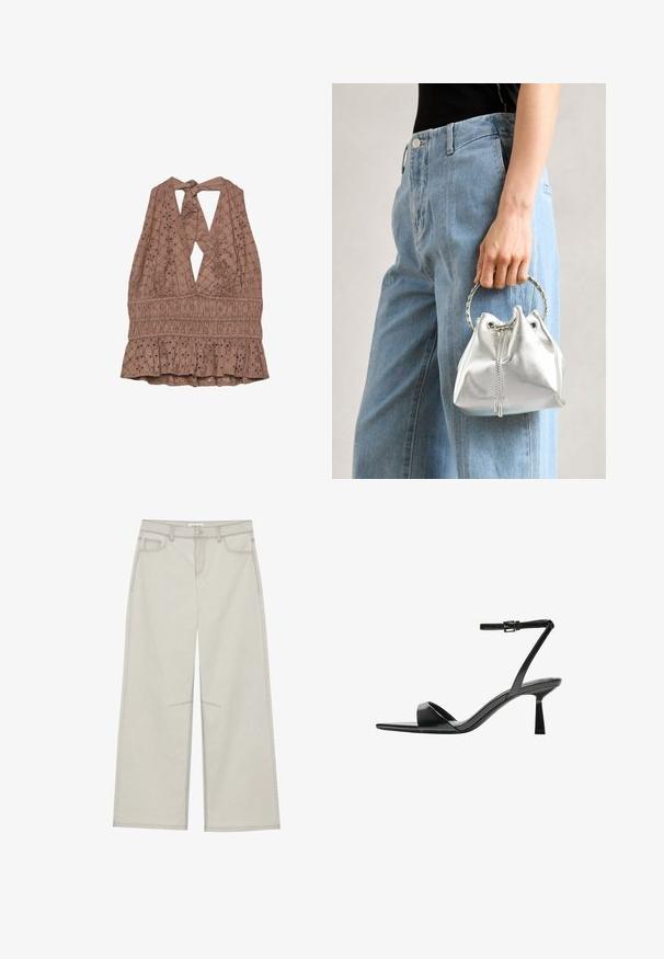 Brown, halter-style top with a back tie, featuring broderie anglaise detailing and a gathered peplum hem. Textured fabric with diamond patterns.; Light gray wide-leg pants with five pockets, front button closure, and contrast stitching along seams. Fabric appears soft and durable.; Bershka High heeled sandals - black; Metallic silver bucket bag with a textured finish, adorned with a silver round handle and drawstring closure, held against light blue jeans.
