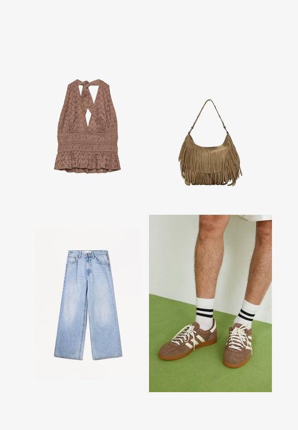 Brun, halterneck top med rygbinding, der har broderie anglaise detaljer og en samlet peplum søm. Tekstil med diamantmønstre.; Bershka WIDE-LEG - Wide leg - light-blue denim; Brune ruskind sneakers med hvide detaljer og snørebånd. Gummisål i naturgummi. Båret med hvide sokker med sorte striber. Grøn struktureret gulv.; Brun ruskind skuldertaske med lange frynser, en buet form og en enkelt skulderrem. Har en glat, tekstureret overflade.; Stradivarius SET - Armbånd - dark brown