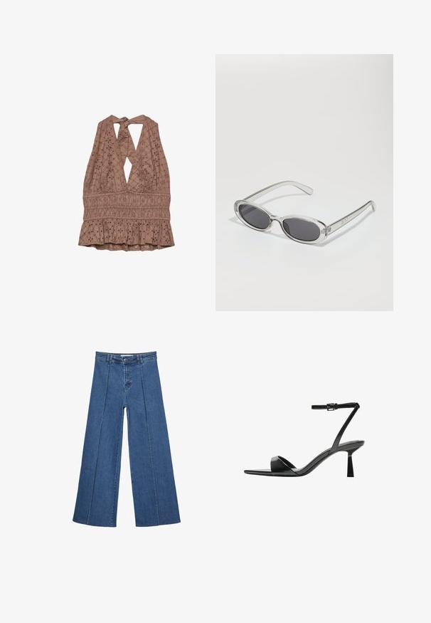 Brauner, halsferner Oberteil mit einer Rückenbindung, das über Broderie Anglaise Details und einen gerafften Peplum-Saum verfügt. Texturiertes Material mit Rautenmuster.; Weite Jeans aus Denim in Mittelblau, mit hoher Taille, Knopfverschluss und kontrastierenden vertikalen Nahtdetails an der Vorderseite.; Bershka High Heel Sandalette - black; Sonnenbrille mit ovaler Form, klarem Kunststoffrahmen, dunkelgrauen Gläsern und dünnen transparenten Bügeln mit Logo-Akzenten und minimalen Details.; Metallisch silberne Bucket Bag mit strukturiertem Finish, verziert mit einem silbernen runden Griff und Kordelzugverschluss, gehalten vor hellblauen Jeans.