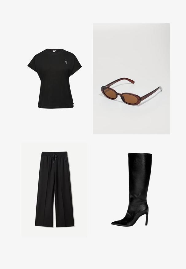 Schwarzes Baumwoll-T-Shirt mit entspanntem Schnitt, kurzen Ärmeln, Rundhalsausschnitt und einem kleinen weißen gestickten Logo auf der Brust. Gerader Saum.; Schwarze weite Hosen aus weichem Stoff. Mit einem elastischen Bund mit Kordelzug und zwei seitlichen Taschen. Flacher Vorderteil mit Falten.; Knöchelhoher schwarzer Lederstiefel mit spitzem Zeh, hohem Stöckelabsatz, glatter Oberfläche und einem einfachen, eleganten Design ohne Verzierungen.; Runde, braun getönte Sonnenbrillen mit einem glänzenden burgunderfarbenen Rahmen. Schlanke Bügel mit dezentem Branding. Flaches Linsendesign.; Schwarze Lederhandtasche mit strukturierter Form, oberen Griffen, glatter Textur, goldfarbener Hardware und einem vorderen Verschluss. Am unteren Rand ist eine Markenprägung zu sehen.