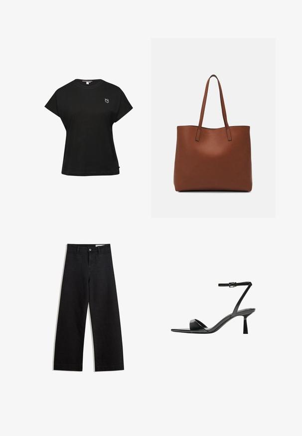 Zwarte katoenen t-shirt met een ontspannen pasvorm, korte mouwen, ronde hals en een klein wit geborduurd logo op de borst. Rechte zoom.; Zwarte denim broek met wijde pijpen en een hoge taille, voorzien van voor- en achterzakken, gestikte naden en een knoopsluiting. Gladde textuur.; Bershka Sandalen met hoge hak - black; Bruine leren tote bag met een gladde textuur, een ontwerp met een open bovenkant en twee schouderbanden. Kenmerkt zich door minimale stiksels en geen zichtbare hardware.